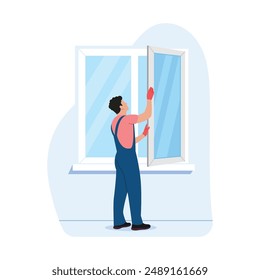 Vector illustration of a man replacing windows in a room. Cartoon scene of a worker in blue overalls, pink t-shirt, gloves, sneakers, installing new windows indoors isolated on white background.