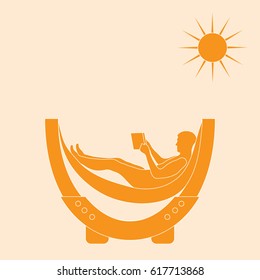 Vector illustration of man resting in a hammock with a book on a light background