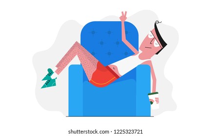 Vector illustration of Man resting/chilling at home on the couch with the food. Lazy Eating/Drinking Concept.