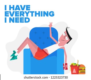 Vector illustration of Man resting/chilling at home on the couch with the food. Lazy Eating/Drinking Concept.