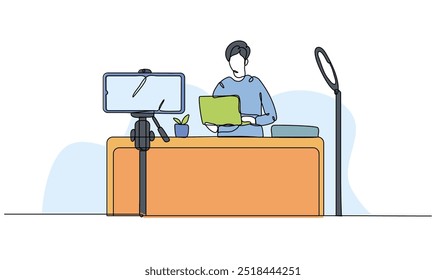 Vector illustration of a man is review a laptop electronics. Modern flat in continuous line style.