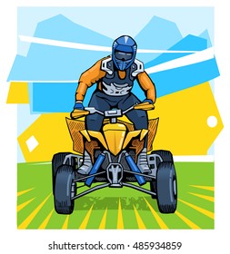 Vector illustration of a man riding all-terrain vehicle. Beautiful extreme sport poster. Summer vacation activity. ATV motocross competition contestant.