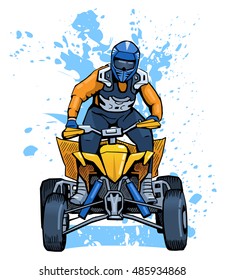 Vector illustration of a man riding all-terrain vehicle. Beautiful extreme sport poster. Summer vacation activity. ATV motocross competition contestant.