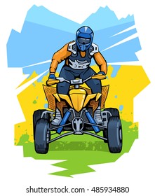 Vector illustration of a man riding all-terrain vehicle. Beautiful extreme sport poster. Summer vacation activity. ATV motocross competition contestant.