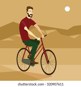 vector illustration of a man riding a bicycle in a desert , cartoon style