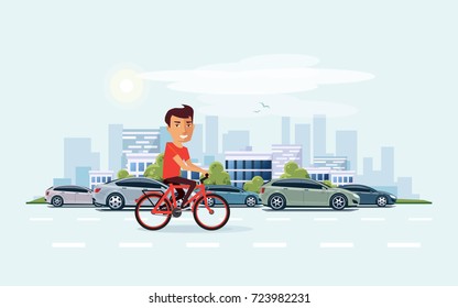 Vector illustration of man riding a bicycle in the city with cars in cartoon style. Urban skyline building landscape with traffic jam behind the person on bike. 