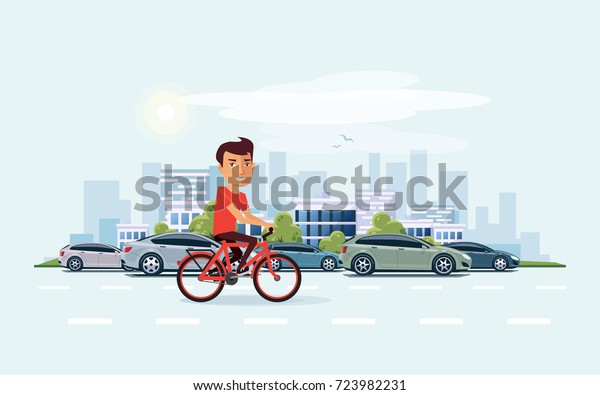 Vector illustration of man\
riding a bicycle in the city with cars in cartoon style. Urban\
skyline building landscape with traffic jam behind the person on\
bike. 