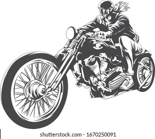 Vector illustration of man riding big classic retro motorbike