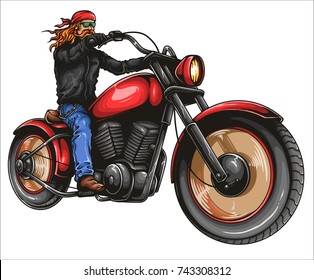 Vector illustration of man riding big classic retro motorbike 