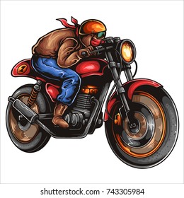 Vector illustration of man riding cafe racer motorbike fast