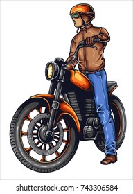 Vector illustration of man riding cafe racer retro motorbike 