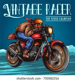 Vector illustration of man riding cafe racer retro motorbike