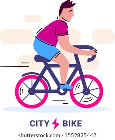 Vector illustration of man riding a city bicycle with red color wheel on white background with. Bike adventure concept. Line art flat style design of bicycle for web, site, banner, poster, card