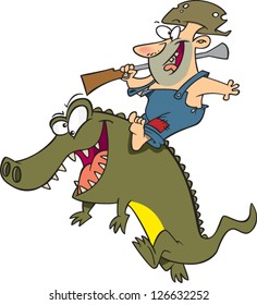 Vector illustration of man riding crocodile and holding rifle