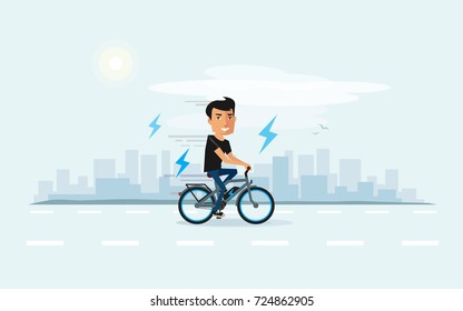 Vektorgrafik von Menschen, die in der Stadt ein Elektrofahrrad im Cartoon-Stil fahren. Entdecken Sie neue Zukunftstechnologien im Stadtverkehr. City Skyline hinter dem Elektro-Radfahrer.