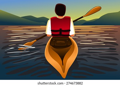 A vector illustration of man riding a kayak in the lake