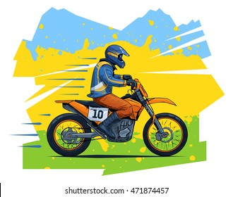 Vector illustration of a man riding motorcycle. Beautiful sport themed poster. Extreme sports, off road, motocross racer, summer sports, abstract background.