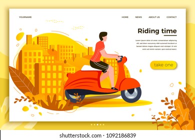 Vector illustration - man riding on motorbike. Park, city, trees and hills on background. Banner, site, poster template with place for your text.