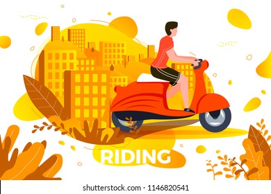 Vector illustration - man riding on motorbike. Park, city, trees and hills on background. Banner, site, poster template with place for your text.