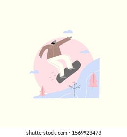 Vector illustration of man riding on snowboard from the hill