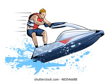 Vector illustration of a man riding personal watercraft. Beautiful sport themed poster. Water sports, extreme sports, sea, ocean, summer vacation, water scooter