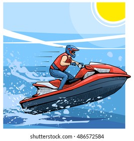 Vector illustration of a man riding personal watercraft. Beautiful sport themed poster. Water sports, extreme sports, summer vacation, water scooter