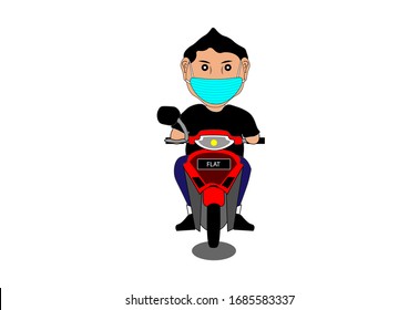 vector illustration man is riding a red motorcycle using a mask to anticipate the virus