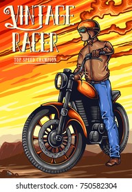 Vector illustration of man riding retro motorbike in the middle of the desert and mountain
