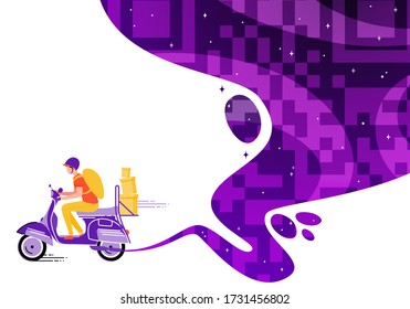 Vector illustration of man riding a scooter in flat style. Concept of delivery with QR code