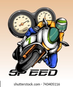 Vector illustration of man riding sport bike and doing cornering with speedometer instrument behind