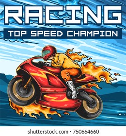 Vector illustration of man riding sport bike and doing wheelie with flame trails