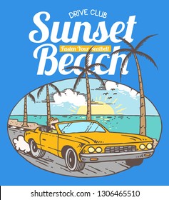 Vector illustration of a man riding a vintage car on the beach with beautiful sunset, palm tree, ocean and scenery background on the summer time