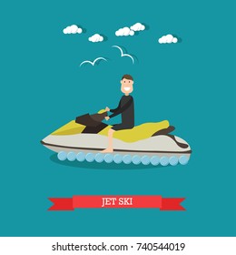 Vector illustration of man riding water scooter. Jet ski flat style design element.