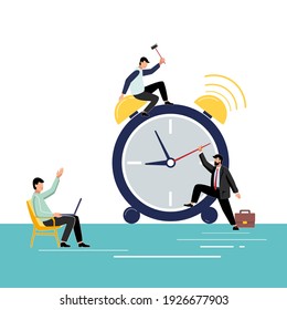 Vector illustration. Man ringing alarm clock, working time management concept, quick reaction wake up, business, blue design. Businessman turns clockwise, warning to work, wake up. White background
