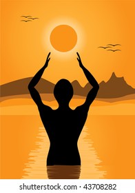 vector illustration of a man in a river praying at sunrise