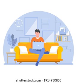 Vector illustration of a man robots on a laptop, a robot at home. Freelance.