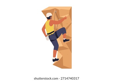 Ilustración vectorial del Hombre Escalada en roca y Boulder. Persona involucrada en deportes extremos al aire libre, aventura y ascenso de Vertical