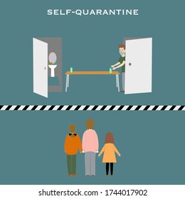 Vector illustration of man in room, long table between bedroom and bathroom with bottle of hand sanitizer at both ends with 3 people standing outside of black and white line concept of self quarantine