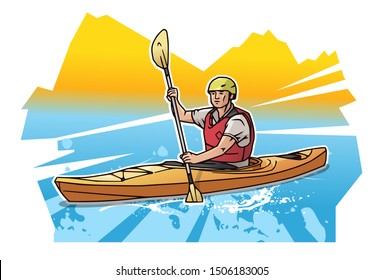 Vector illustration of a man rowing in canoe or kayak. Sport themed canoeing poster on abstract background