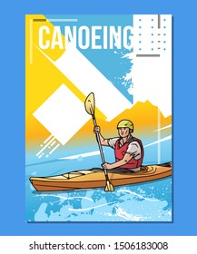 Vector illustration of a man rowing in canoe or kayak. Sport themed canoeing poster on abstract background