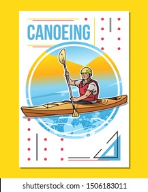 Vector illustration of a man rowing in canoe or kayak. Sport themed canoeing poster on abstract background