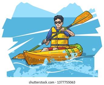 Vector illustration of a man rowing on canoe. Beautiful canoeing, kayaking poster. Water, sea or river sports