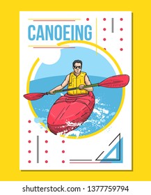 Vector illustration of a man rowing on canoe. Beautiful canoeing, kayaking poster. Water, sea or river sports