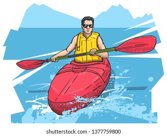 Vector illustration of a man rowing on canoe. Beautiful canoeing, kayaking poster. Water, sea or river sports