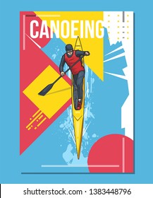Vector illustration of a man rowing on canoe, kayak. Beautiful canoeing, kayaking poster. Water, sea or river sports