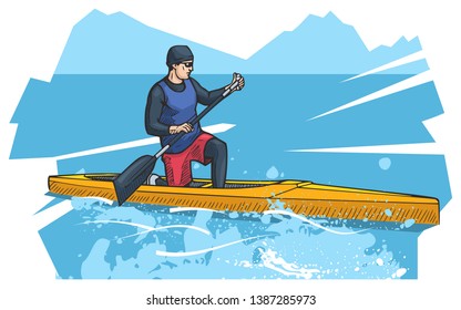 Vector illustration of a man rowing on canoe. Beautiful canoeing, kayaking poster. Water, sea or river sports