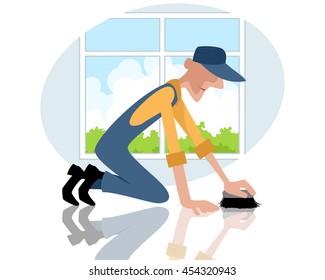 Vector illustration of a man rubbing the floor
