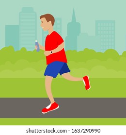 Vector illustration. Man run in the park. Can be used for banners, flyers, leaflet, brochures,  presentations , illustration of articles, blogs, websites, stickers.  Propaganda of healthy life.
