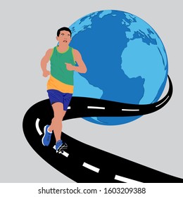 Vector illustration of man running around the world