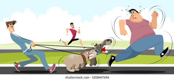 Vector illustration of a man running away from dogs